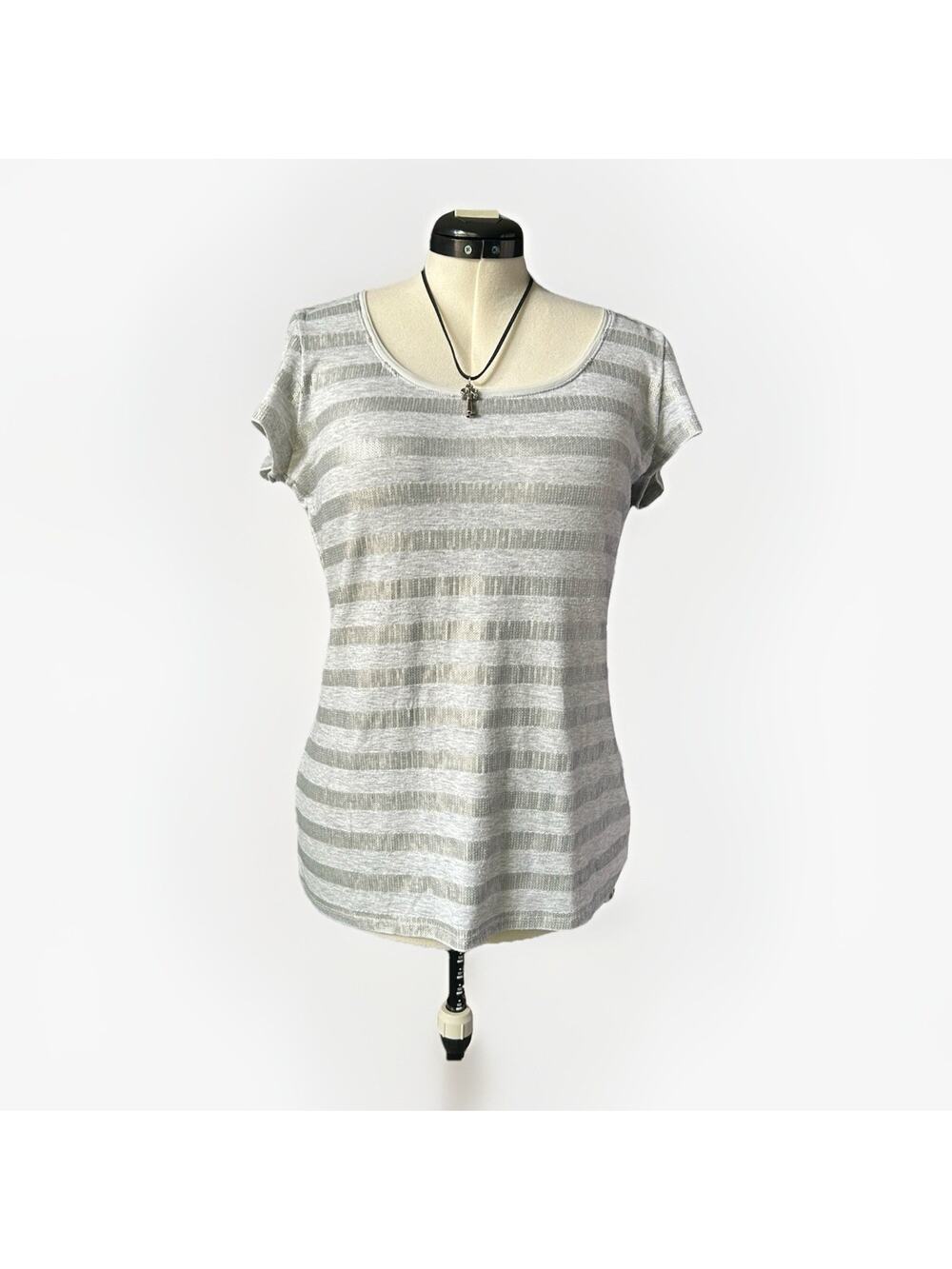 White House Black Market Silver Sequin and Gray Striped Tee Sz L